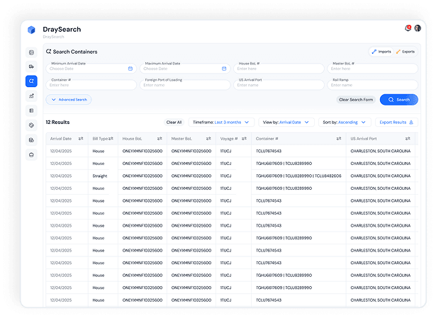 DraySearch shipment intelligence table and filters