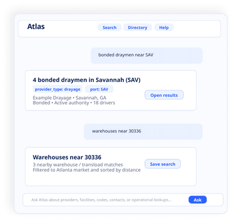 Atlas AI assistant showing search and operational answers